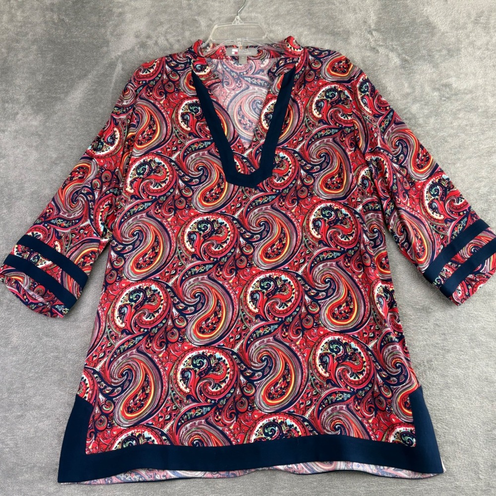 Tina Stephens Paisley Rayon Tunic Top M Red Blue 3/4‎ Sleeve Boho Festival Fun